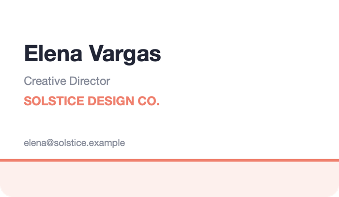 Sample business card for Elena Vargas of Solstice Design Co.