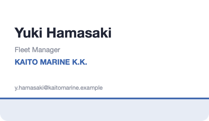 Sample business card for Yuki Hamasaki of Kaito Marine K.K.
