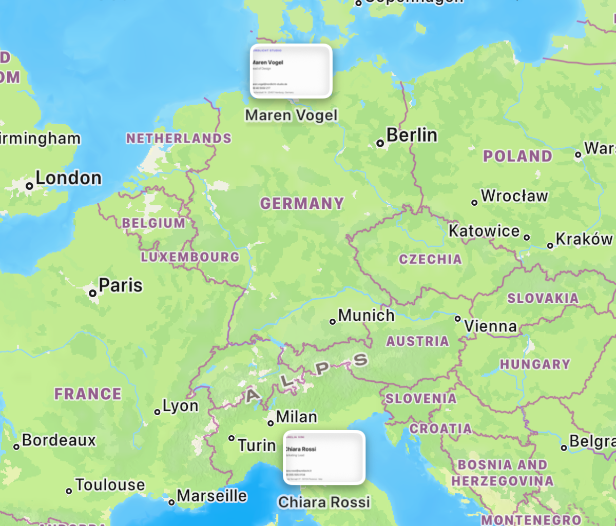 cardlio map showing business-card pins at your contacts' verified addresses across Europe